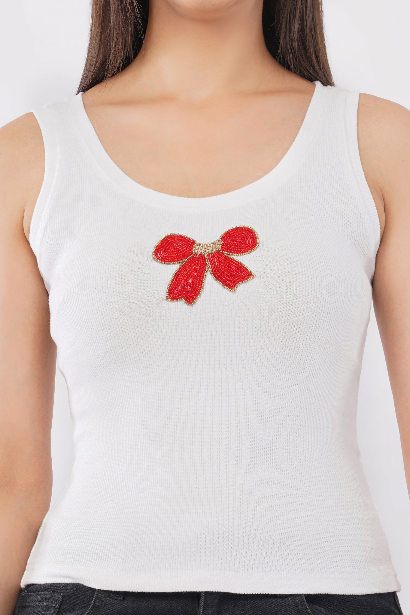 Bead & Bloom Handcrafted Red Bow Motif Ribbed Tank Top For Women | Cute Beaded Bow Sleeveless Fitted Top