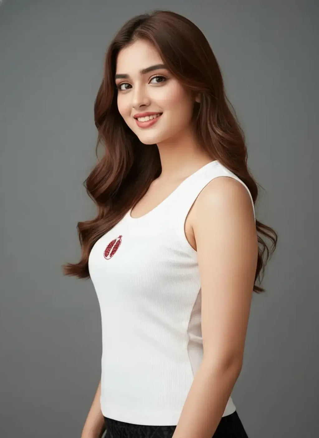 Cotton White Pomegranate Beaded Ribbed Tank Top For Women