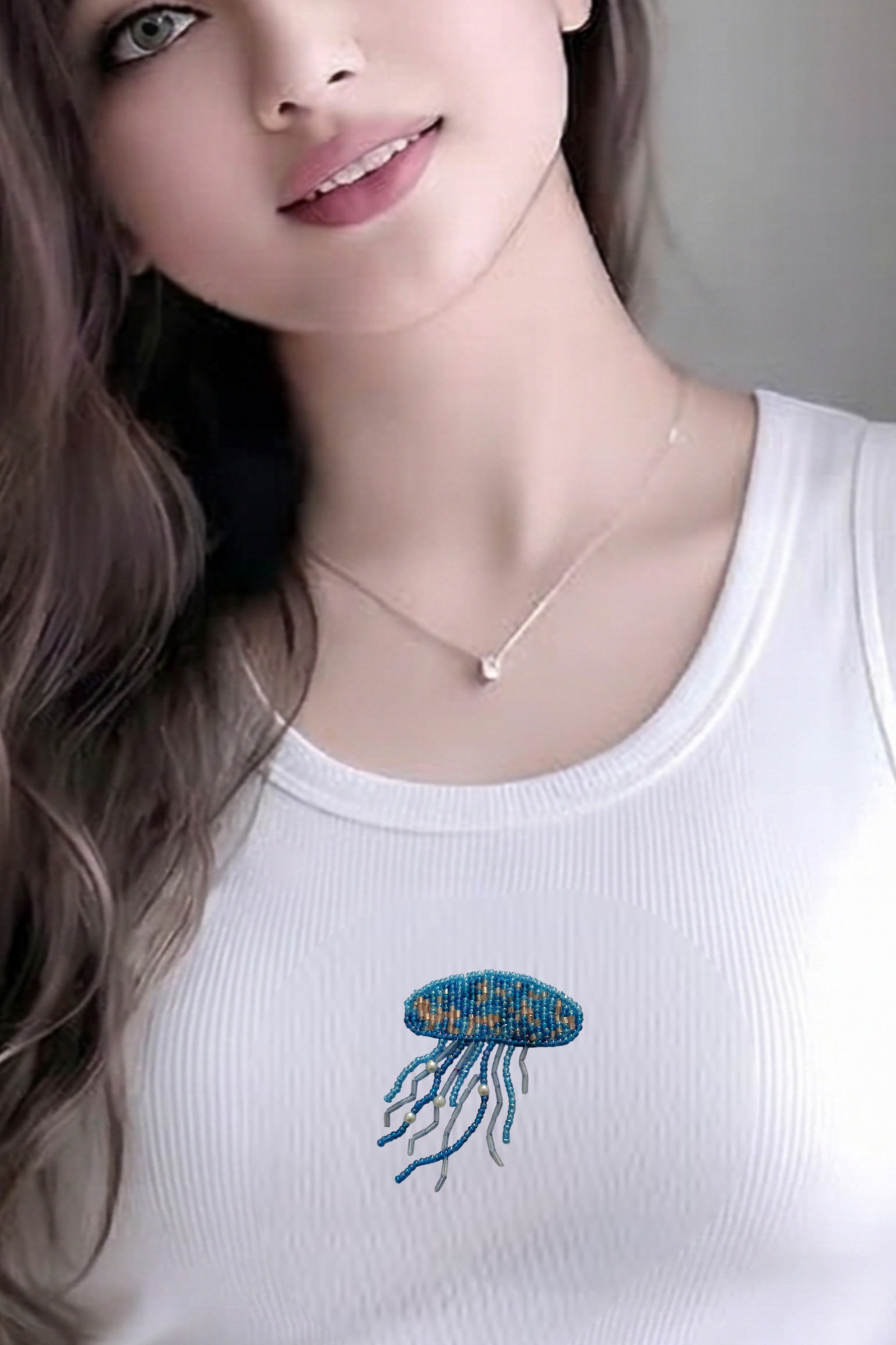 Bead & Bloom White Ribbed Jellyfish Beaded Tank Top for Women