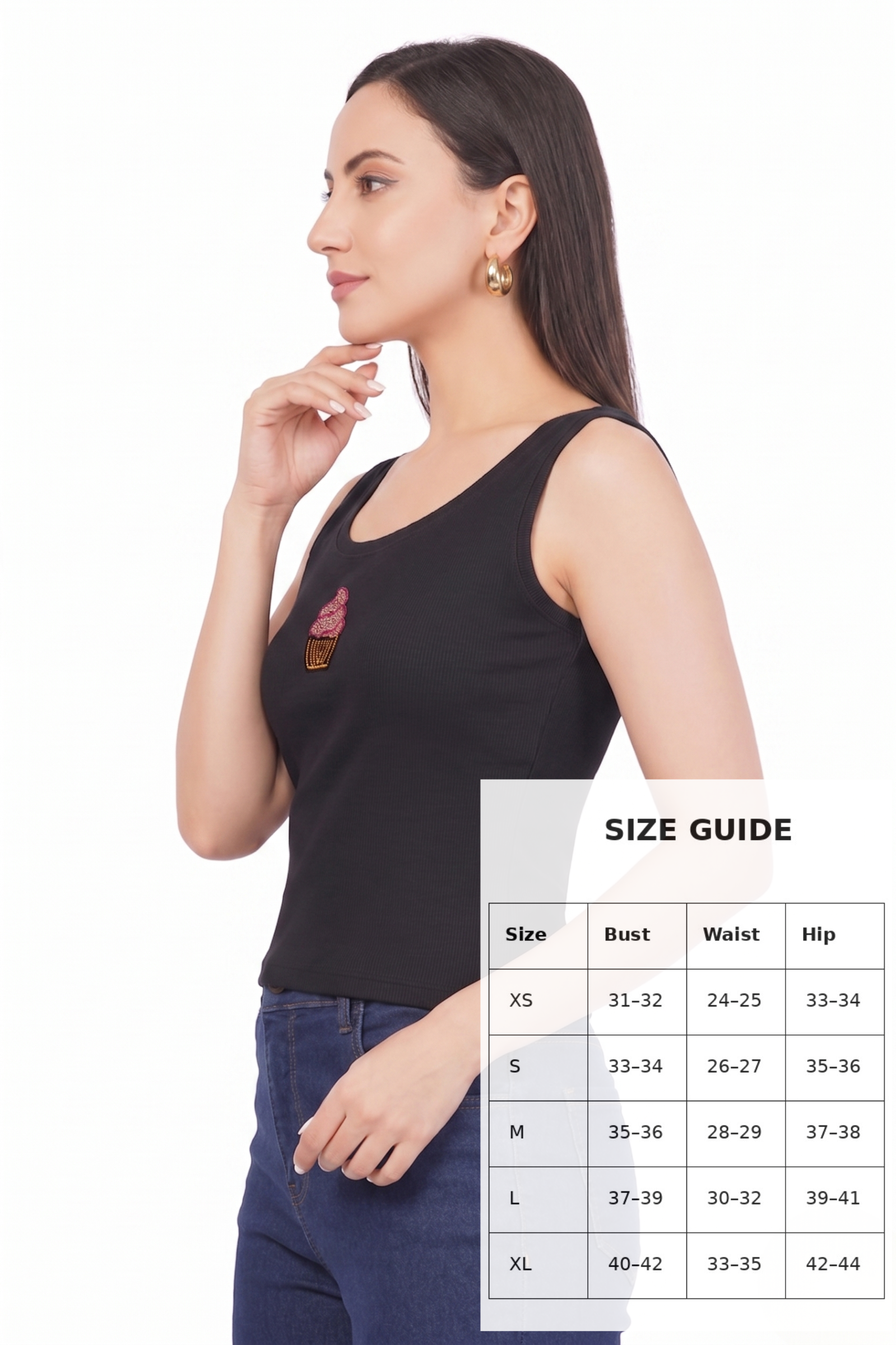Bead & Bloom Black Ribbed Cup Cake Beaded Tank Top for Women