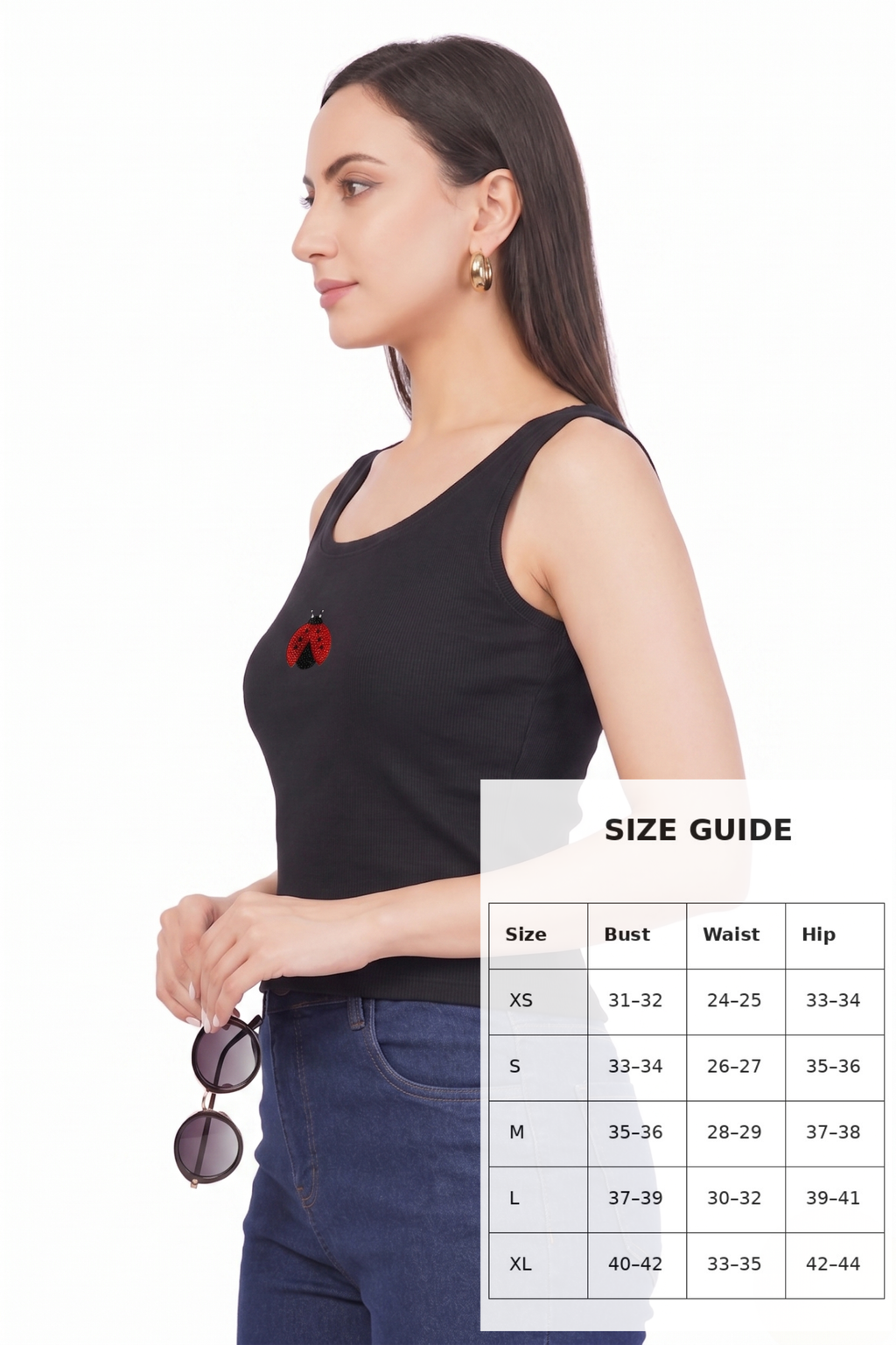 Bead & Bloom Black Ribbed Ladybug Beaded Tank Top for Women