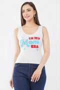 Women’s White Ribbed Tank Top with “In My Mom Era” Beaded Embroidery | Sleeveless Casual Summer Top for Women