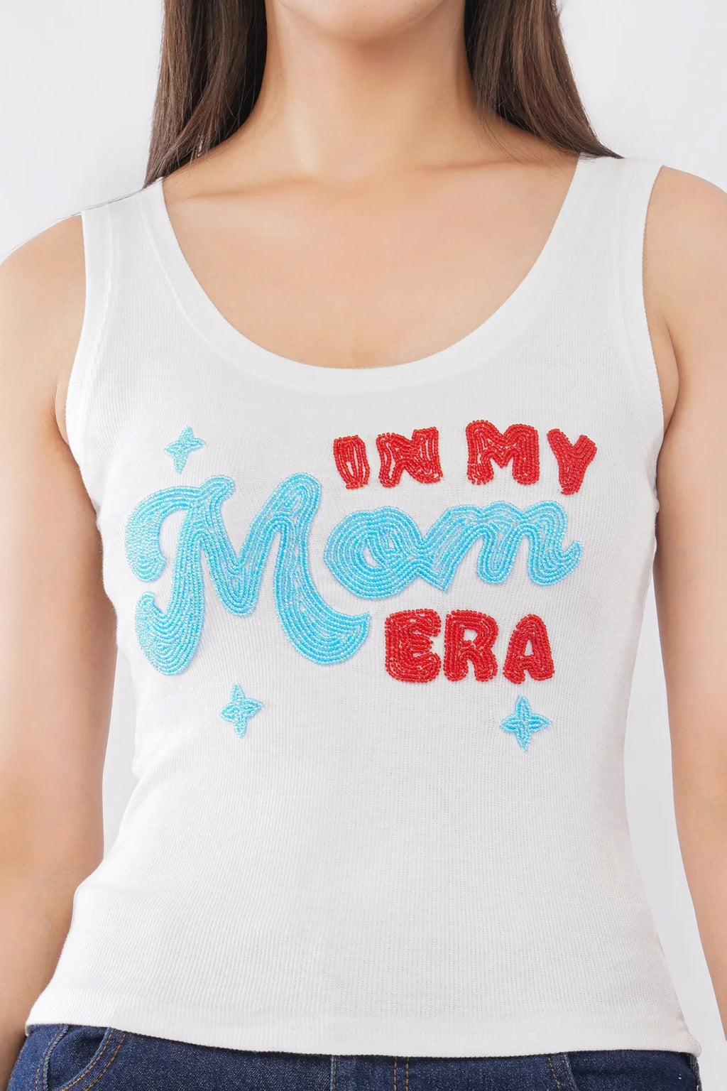 Women’s White Ribbed Tank Top with “In My Mom Era” Beaded Embroidery | Sleeveless Casual Summer Top for Women