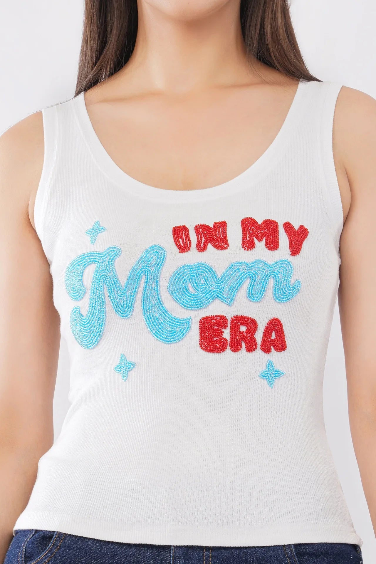 Women’s White Ribbed Tank Top with “In My Mom Era” Beaded Embroidery | Sleeveless Casual Summer Top for Women