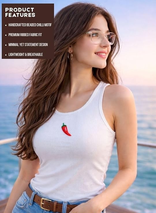 Bead and Bloom Cotton Red Chili Beaded Rib Tank Top For Women