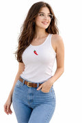 Bead and Bloom Cotton Red Chili Beaded Rib Tank Top For Women