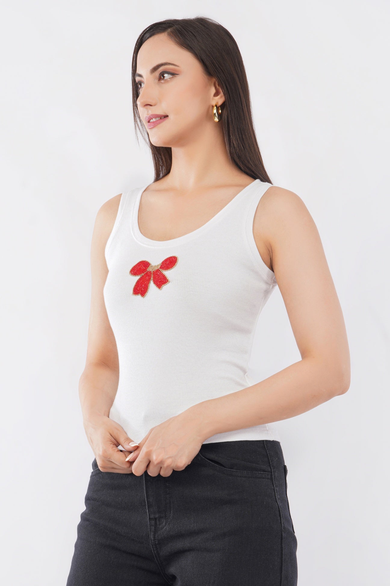 Bead & Bloom Handcrafted Red Bow Motif Ribbed Tank Top For Women | Cute Beaded Bow Sleeveless Fitted Top