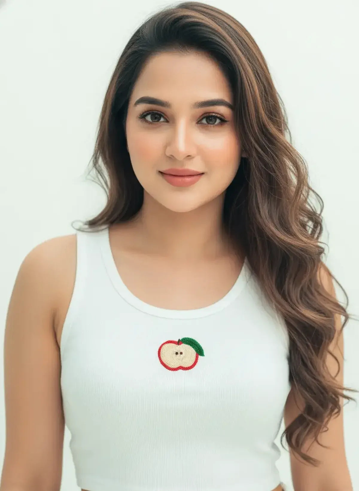 White Cotton Red Apple Beaded Tank Top For Women