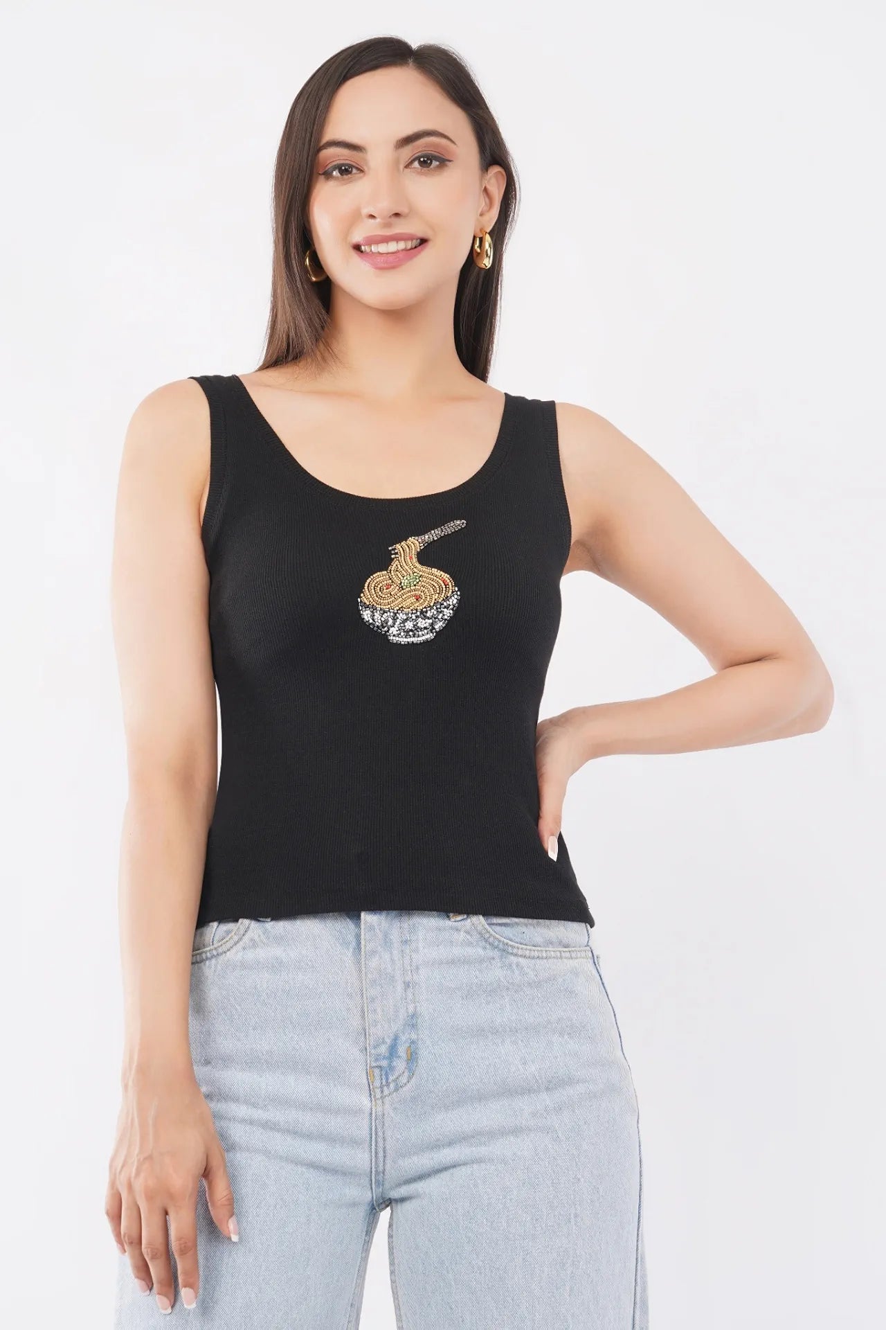 Bead & Bloom Black Cotton The Noodle Bowl Beaded Motif Rib Tank For Women