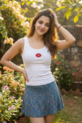 Red Lips Beaded Motif Cotton Tank Top For Women