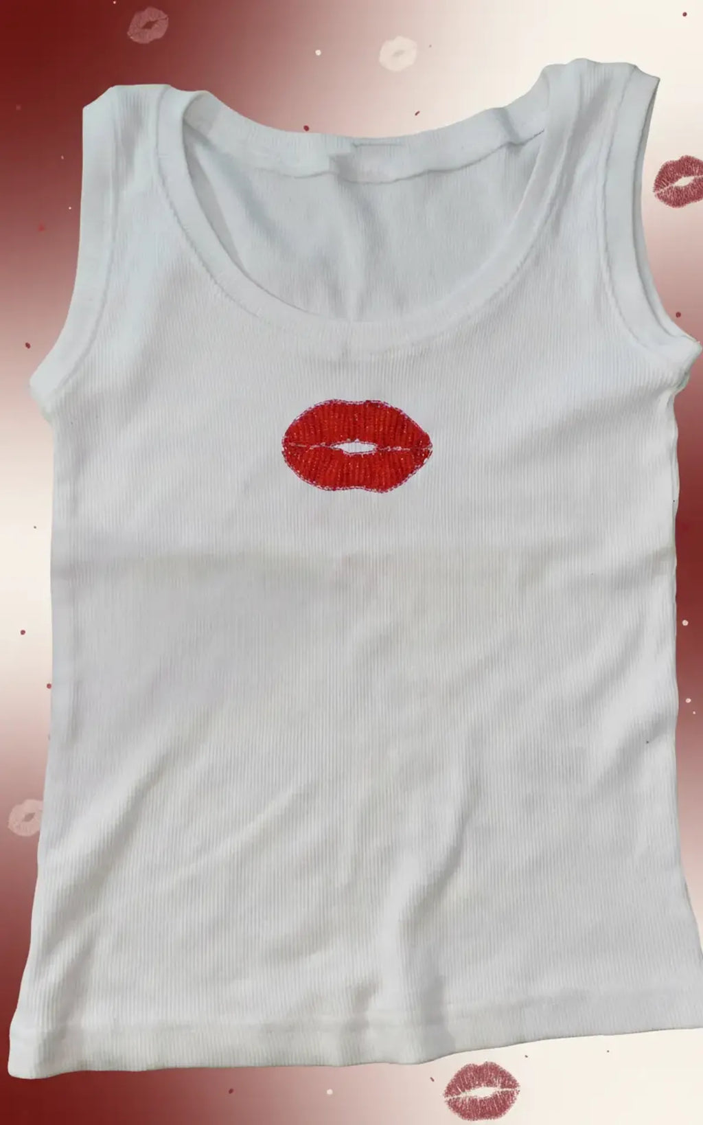 Red Lips Beaded Motif Cotton Tank Top For Women