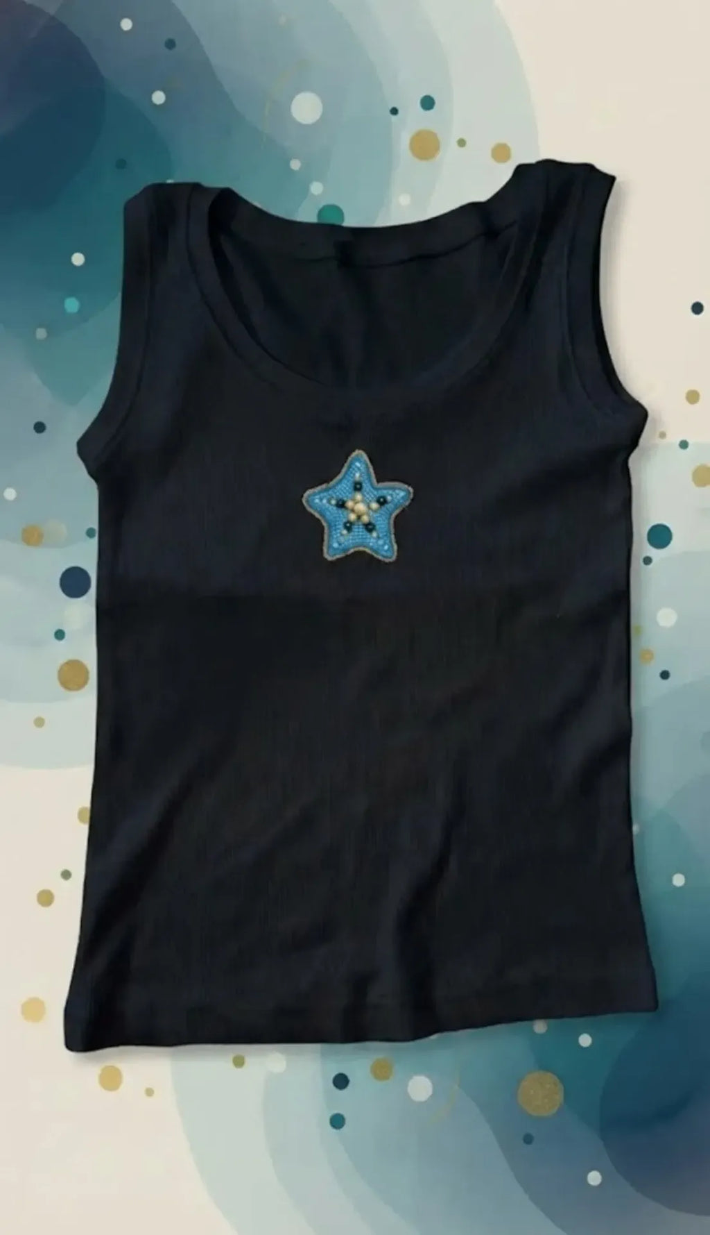 Black Cotton The Celestial Star Beaded Rib Tank Top For Women