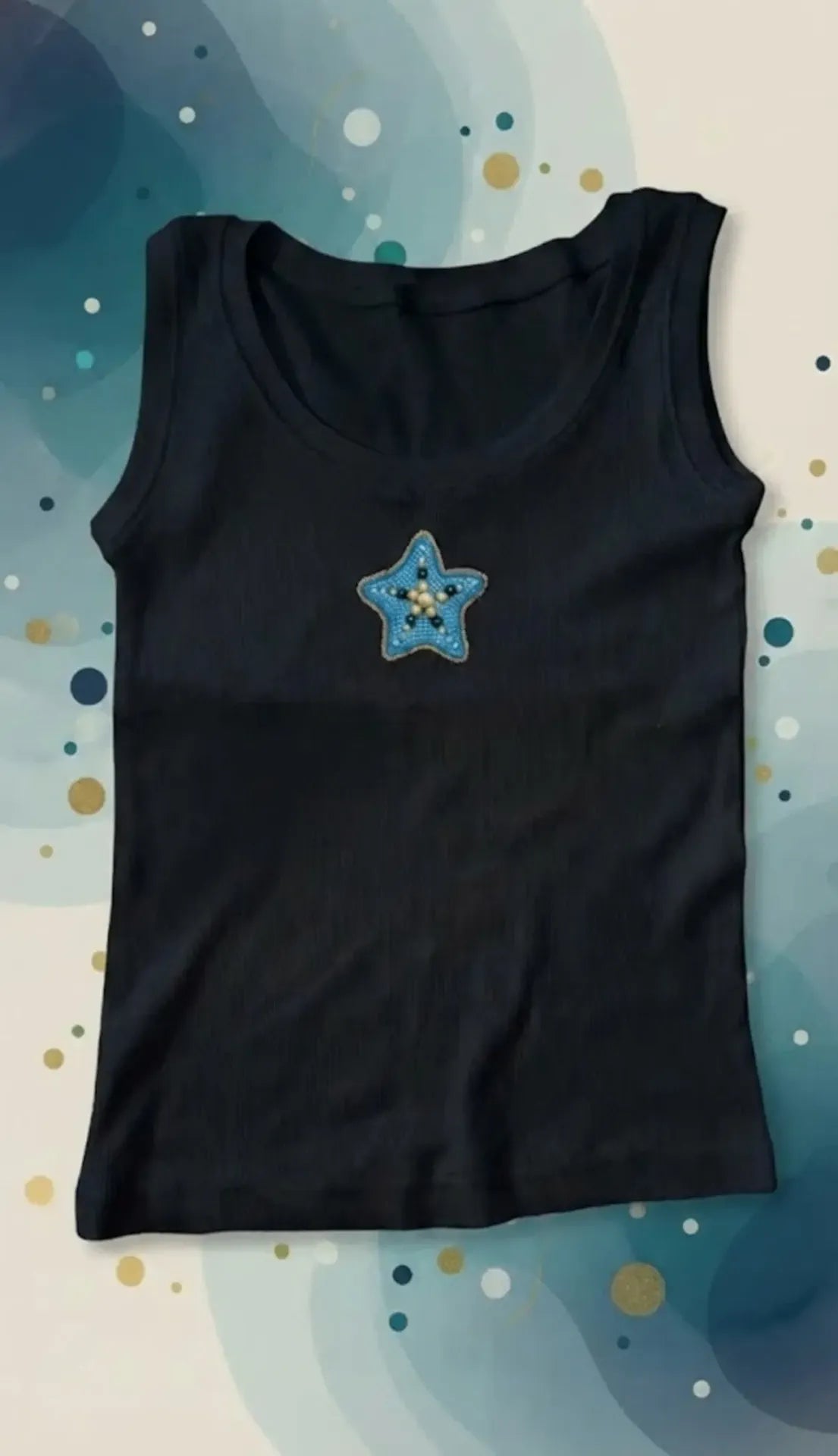 Black Cotton The Celestial Star Beaded Rib Tank Top For Women