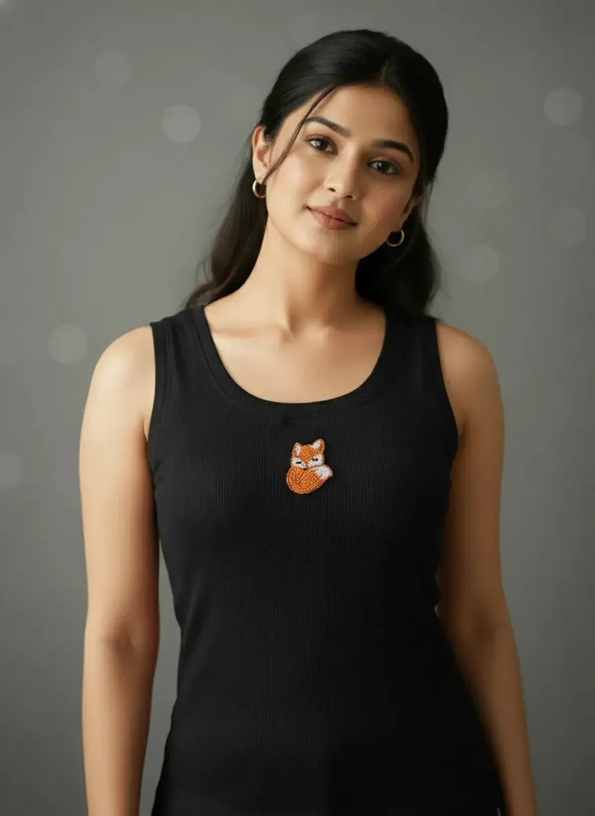 Black Ribbed Cotton Tank Top With Embroidered Fox Motif For Women