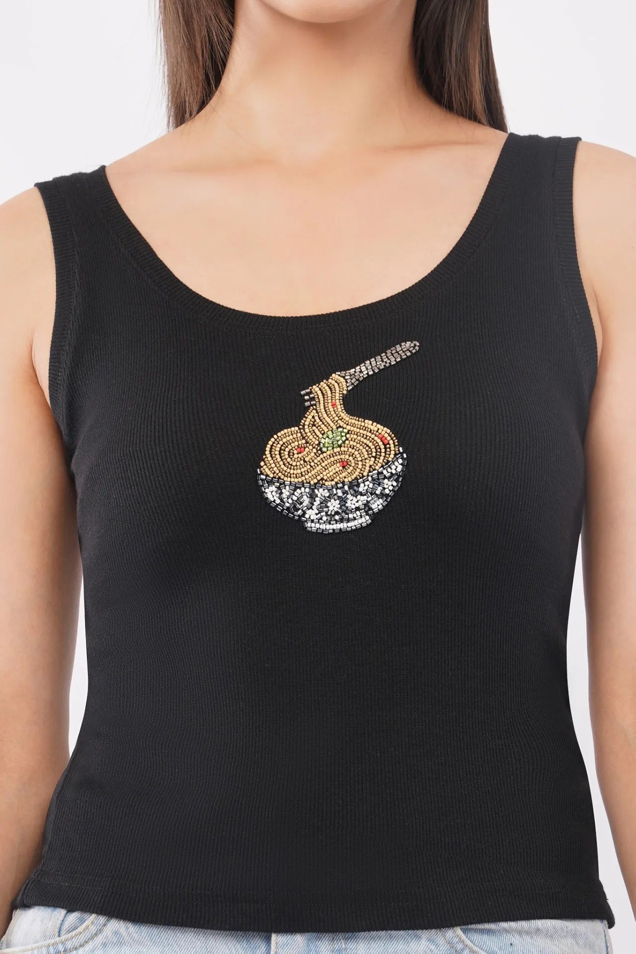 Bead & Bloom Black Cotton The Noodle Bowl Beaded Motif Rib Tank For Women
