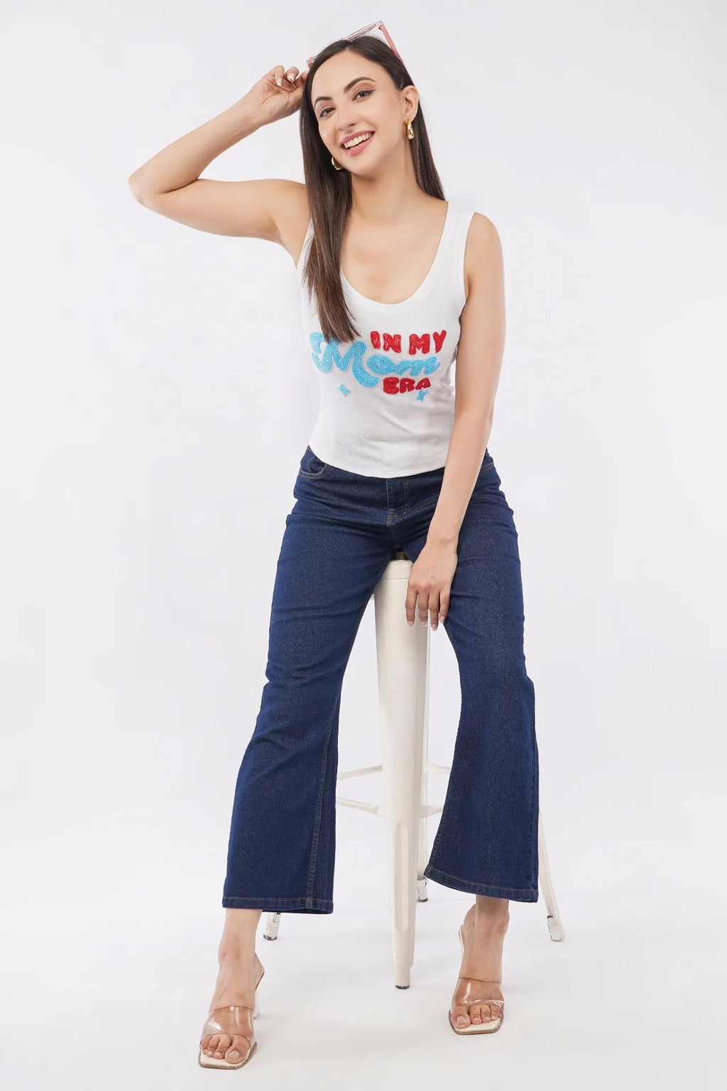 Women’s White Ribbed Tank Top with “In My Mom Era” Beaded Embroidery | Sleeveless Casual Summer Top for Women