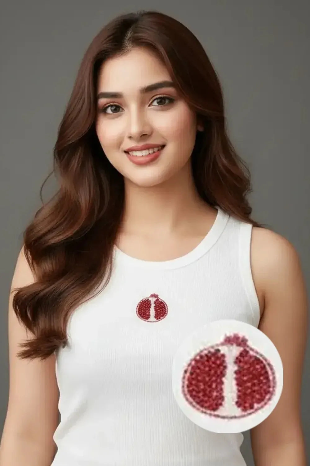 Cotton White Pomegranate Beaded Ribbed Tank Top For Women
