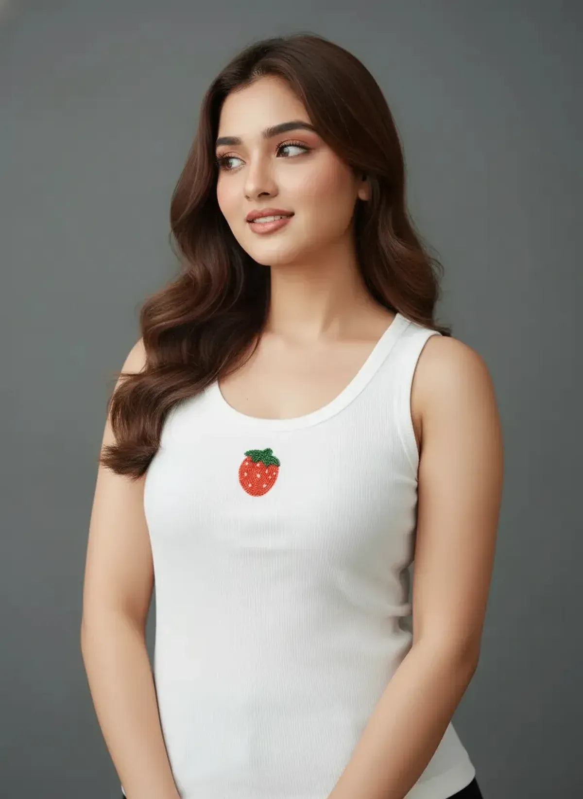 White Cotton Beaded Strawberry Sleeveless Ribbed Summer Tank Top For Women