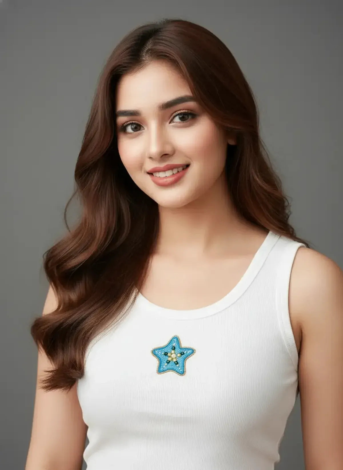 Star Beaded White Cotton  Tank Top For Women