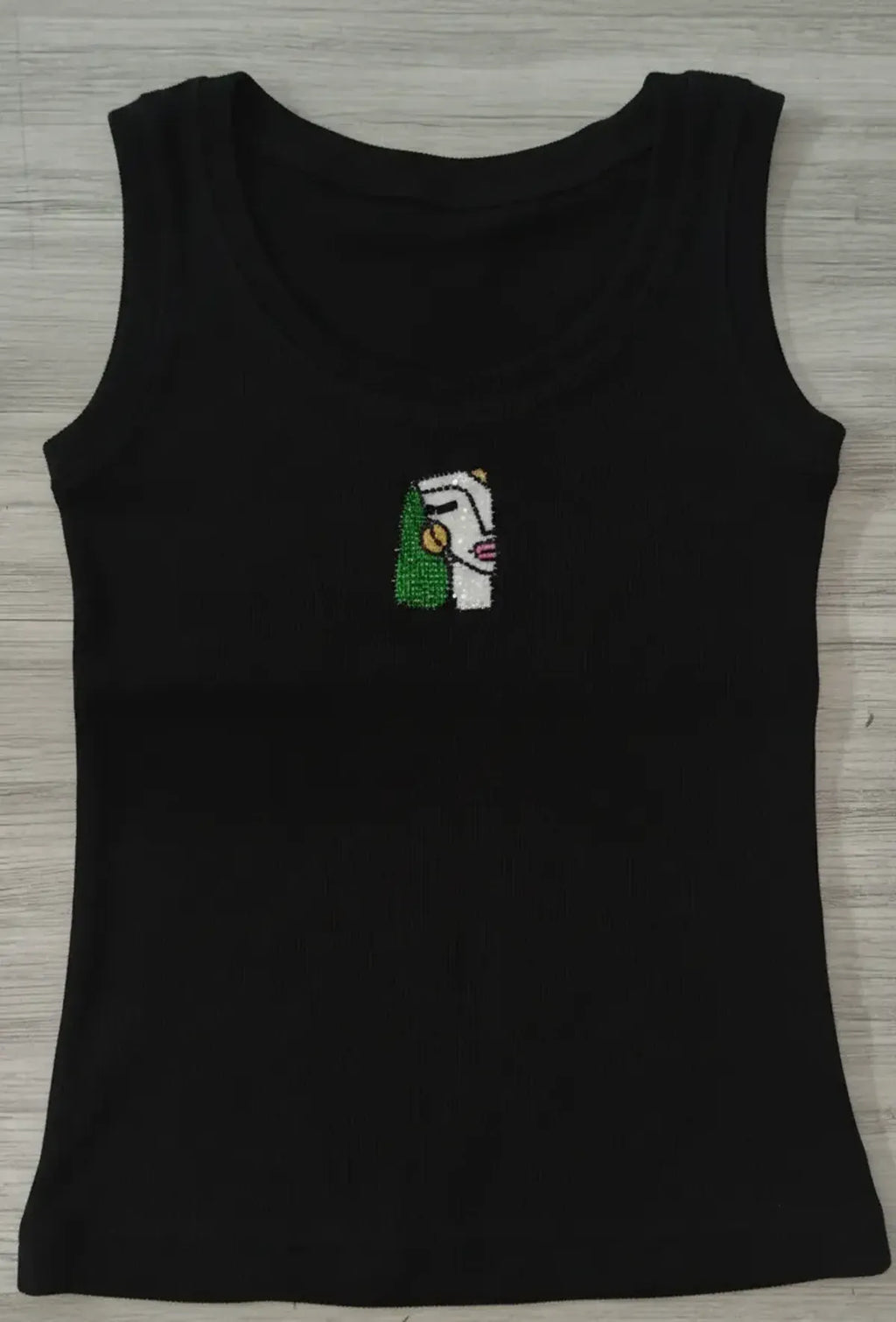 Black Cotton Ribbed Beaded Art Handmade Beadwork Casual Wear Tank Top For Women
