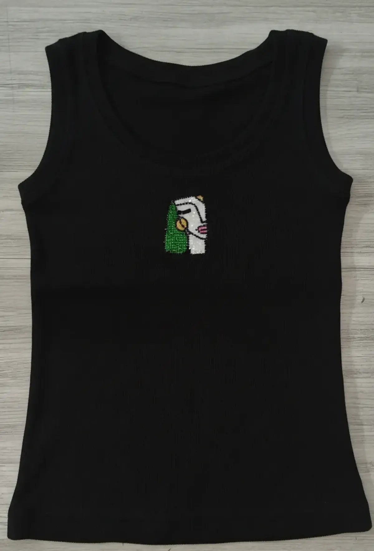 Black Cotton Ribbed Beaded Art Handmade Beadwork Casual Wear Tank Top For Women