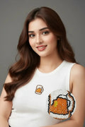 Cotton White Beer Mug Beaded Ribbed Tank Top For Women