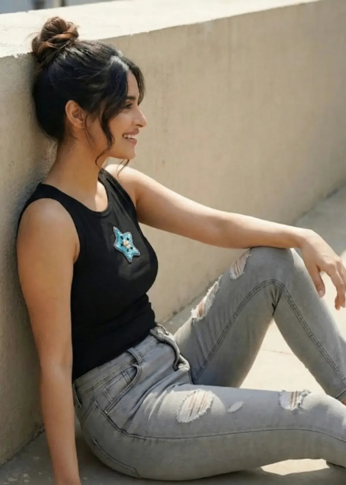 Black Cotton The Celestial Star Beaded Rib Tank Top For Women