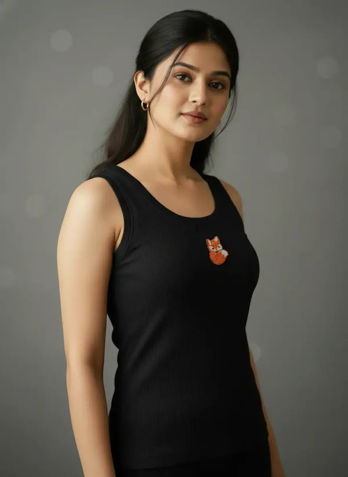 Black Ribbed Cotton Tank Top With Embroidered Fox Motif For Women