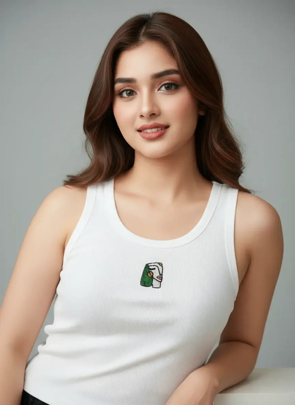 Bead and Bloom White Cotton Ivory Muse Beaded Rib Tank Top For Women
