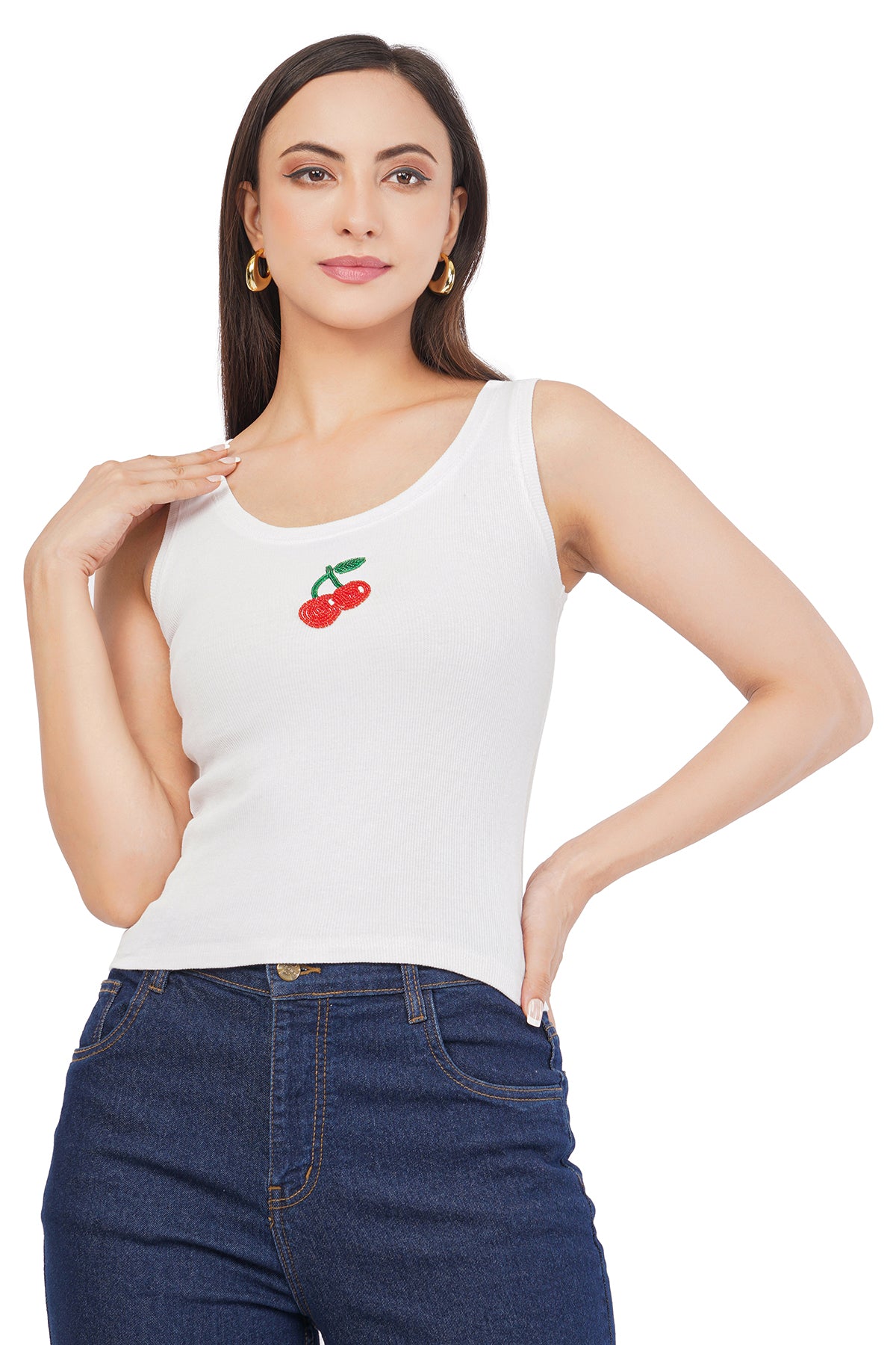 Bead & Bloom White Cotton Cherry Beaded Ribbed Tank Top For Women