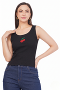 Black Cotton The Cherry Pop Beaded Rib Tank Top For Women