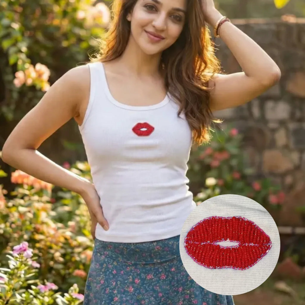 Red Lips Beaded Motif Cotton Tank Top For Women