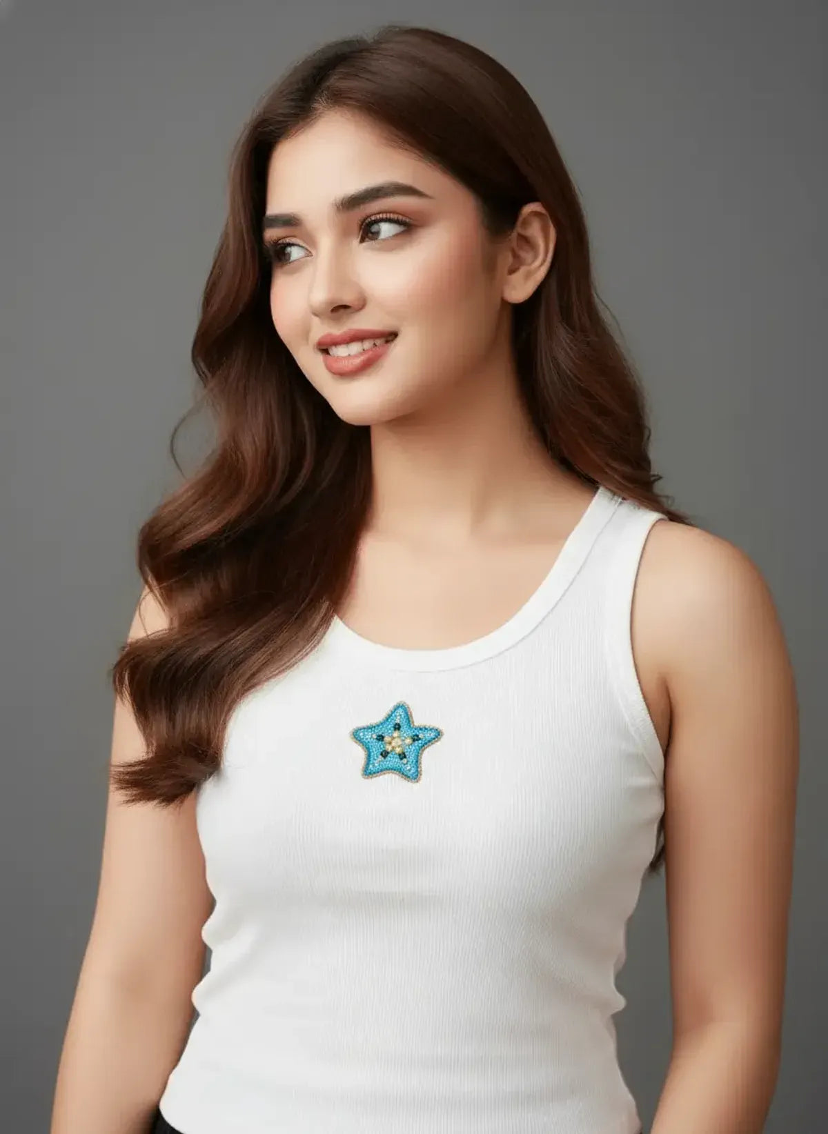 Star Beaded White Cotton  Tank Top For Women