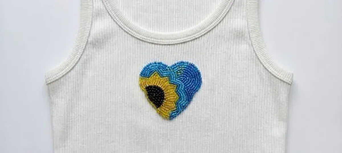 White Cotton The Sunflower Heart Beaded Rib Tank Tops For Women