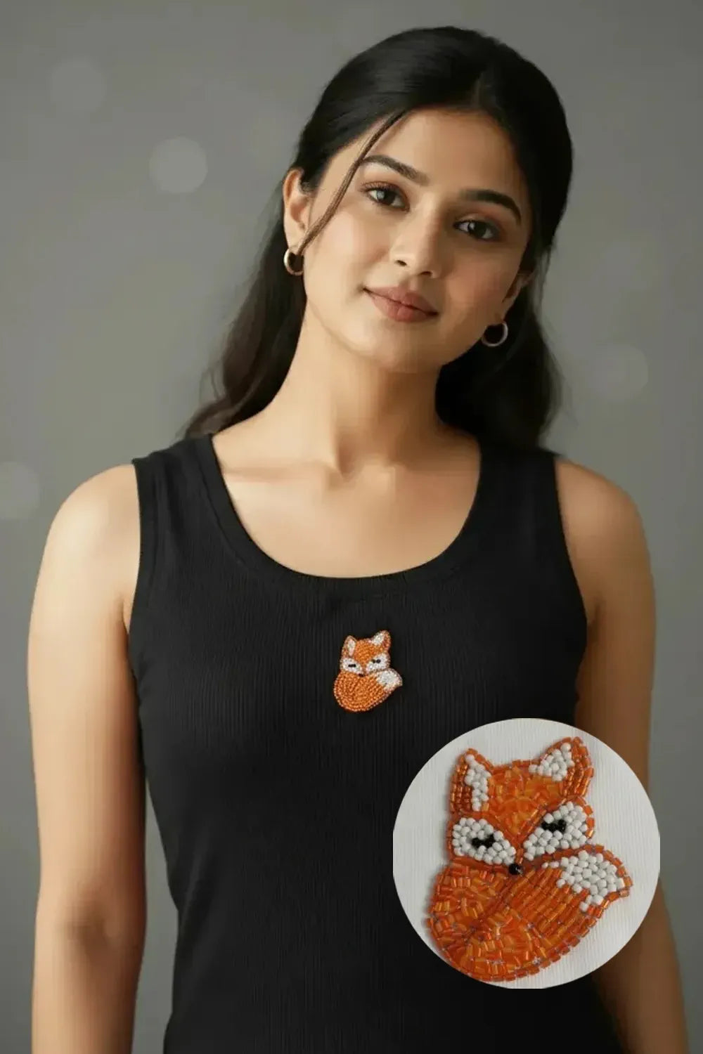 Black Ribbed Cotton Tank Top With Embroidered Fox Motif For Women