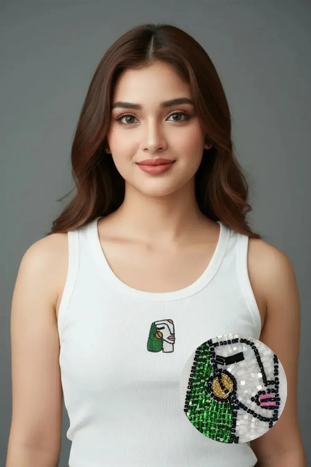 Bead and Bloom White Cotton Ivory Muse Beaded Rib Tank Top For Women