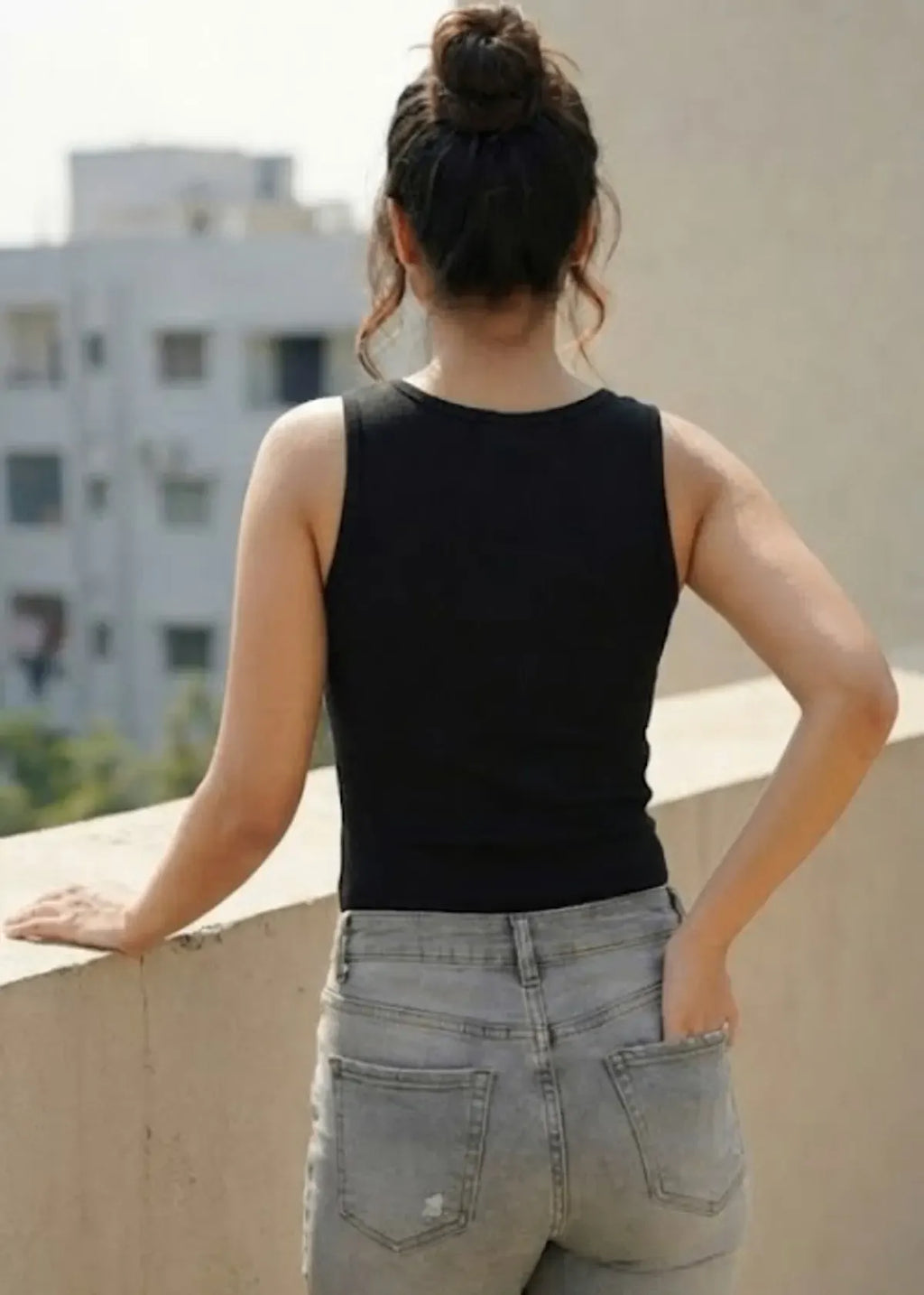 Black Cotton The Celestial Star Beaded Rib Tank Top For Women