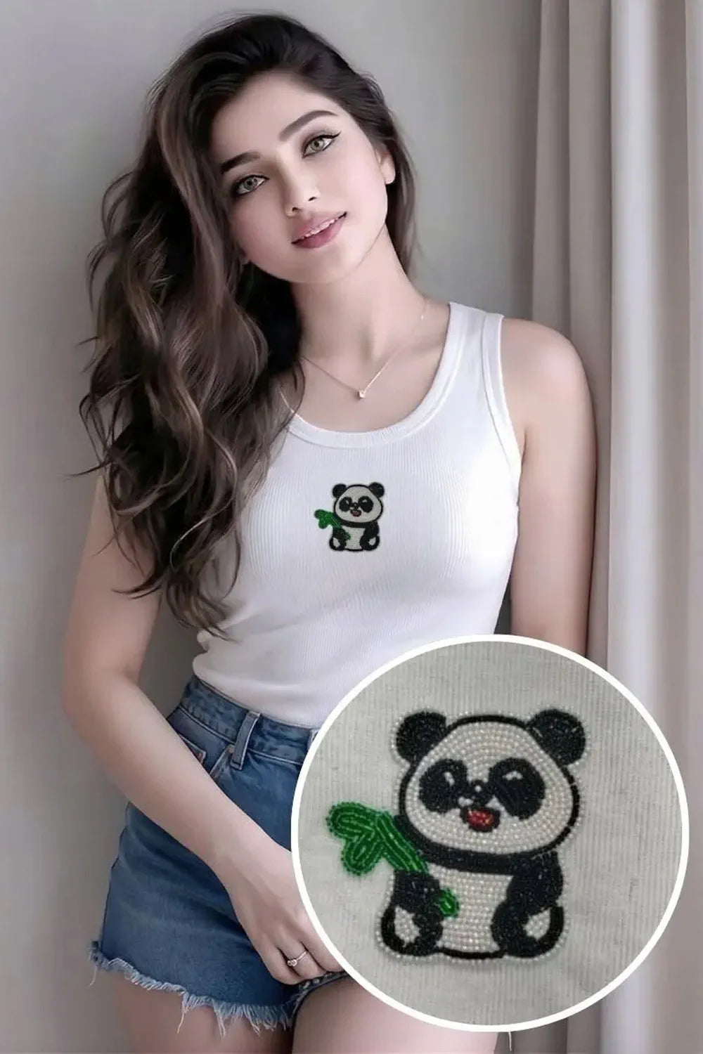 Bead & Bloom Women’s Ribbed Cotton Tank Top with Handcrafted Beaded Panda Motif | Sleeveless Scoop Neck Fitted Cute Summer Top
