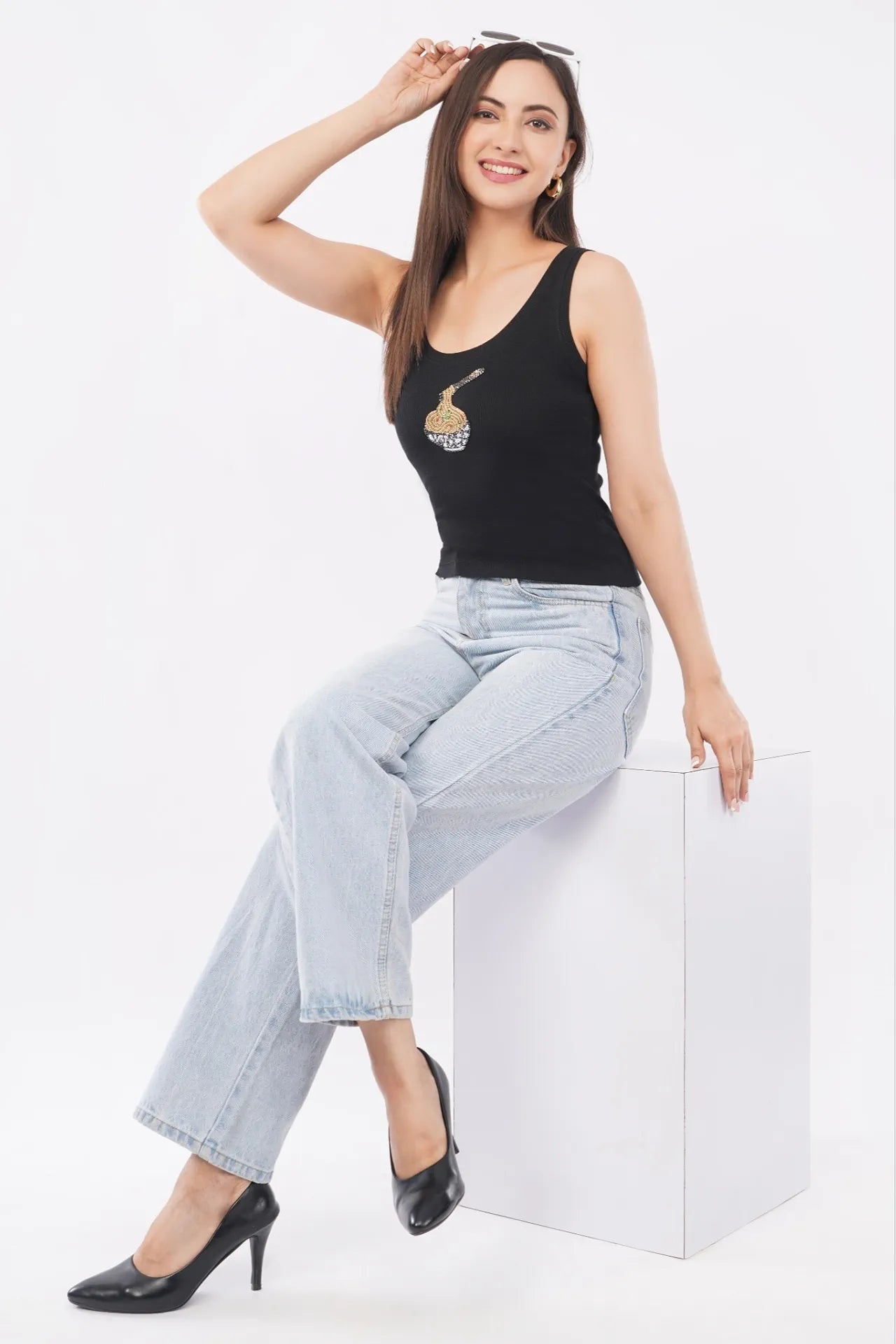 Bead & Bloom Black Cotton The Noodle Bowl Beaded Motif Rib Tank For Women