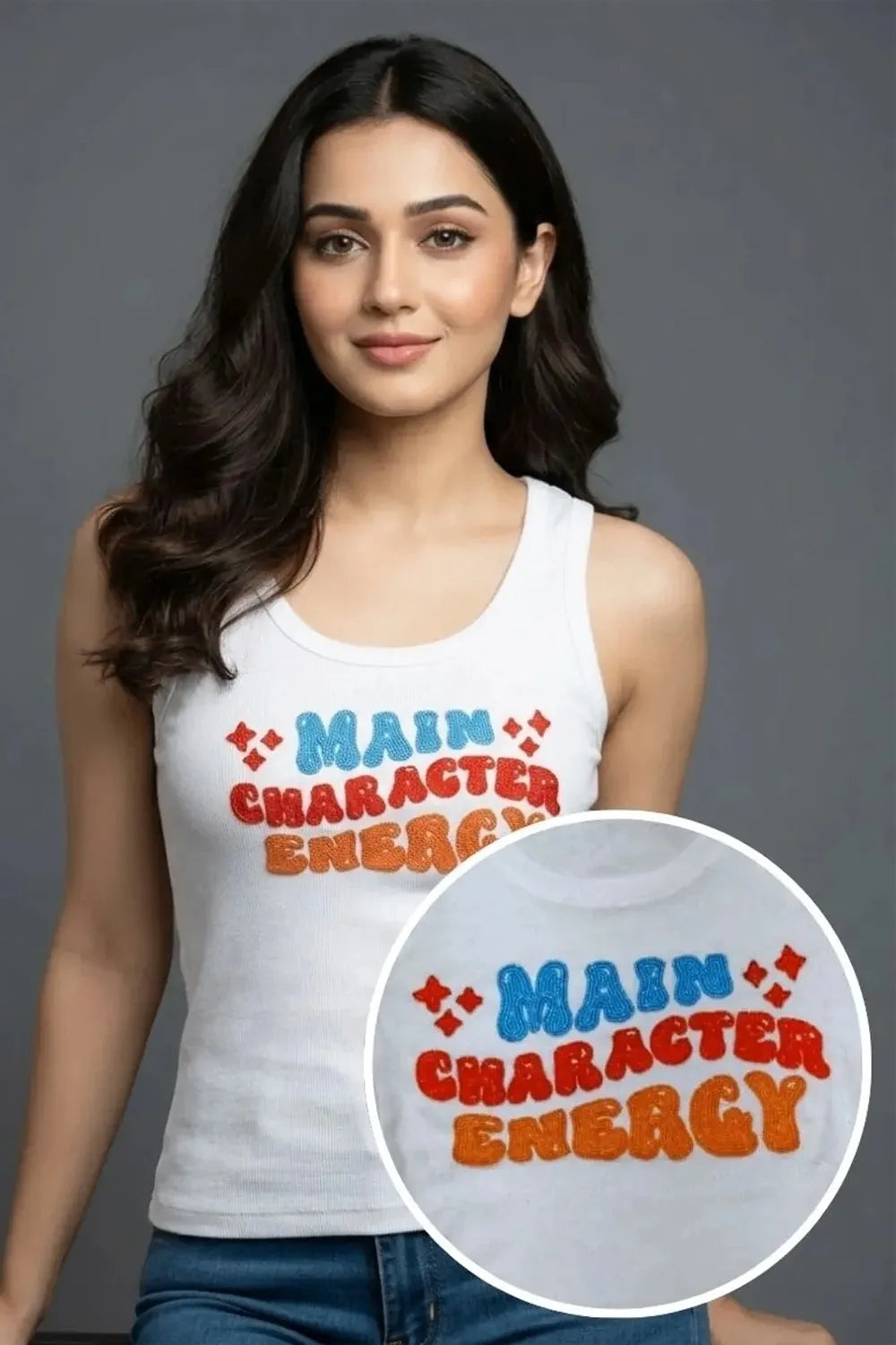 Main Character Energy Hand Beaded White Ribbed Tank
