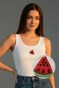 Bead & Bloom White Ribbed Watermelon Embroidery Cotton Tank Top With For Women