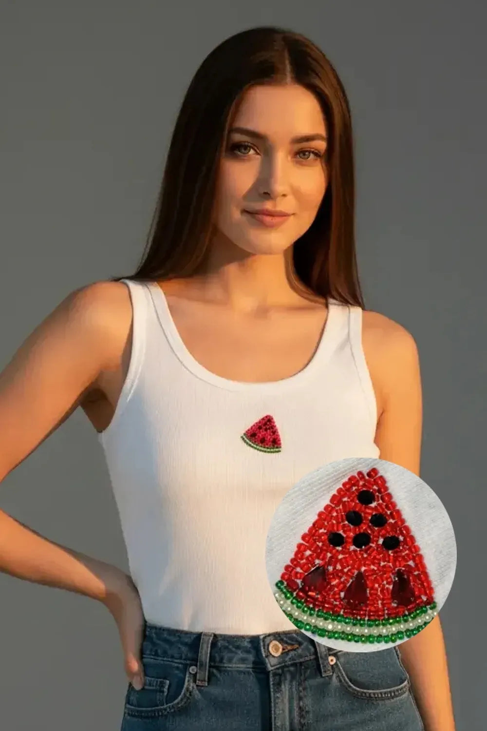 Bead & Bloom White Ribbed Watermelon Embroidery Cotton Tank Top With For Women