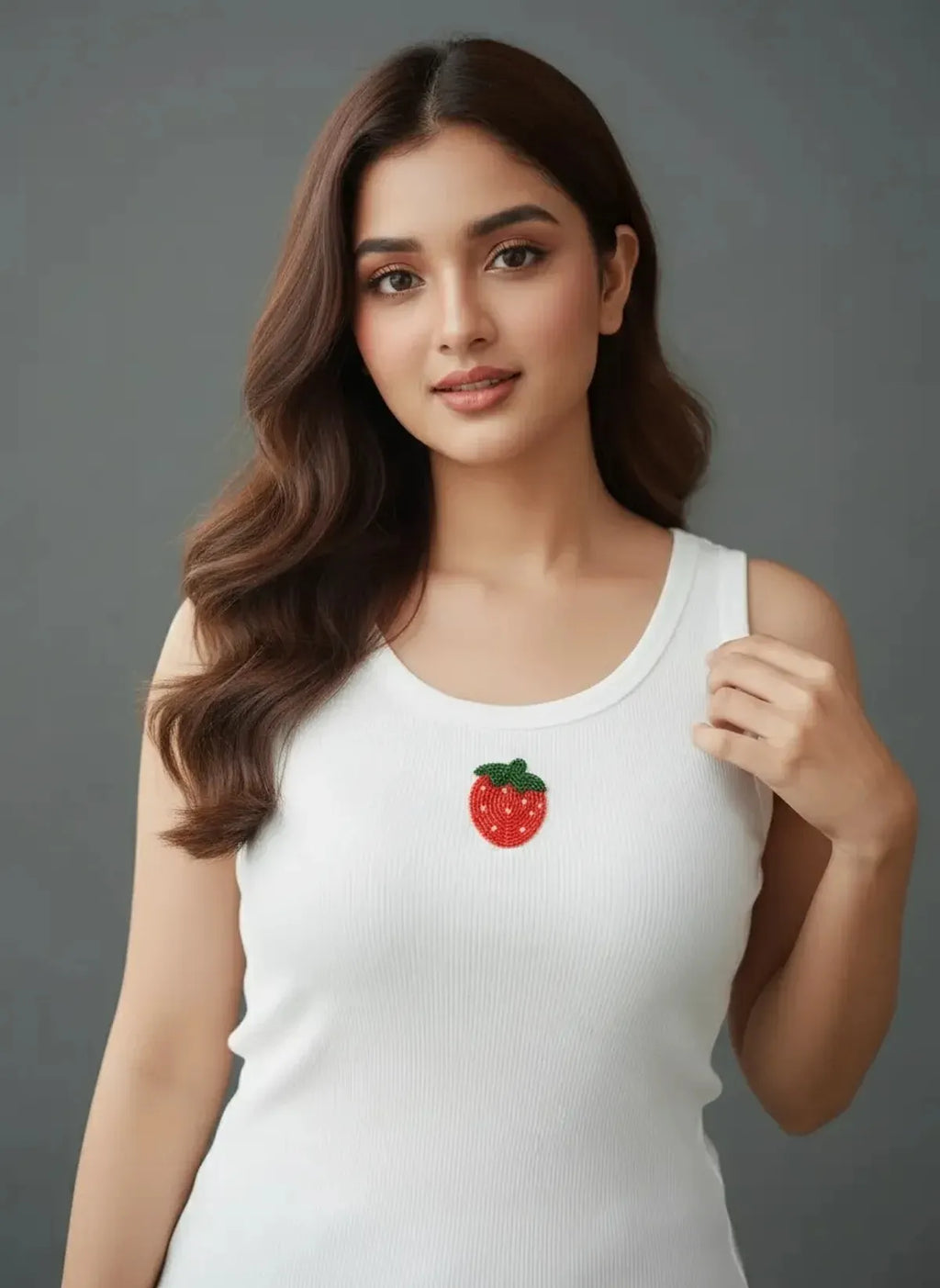 White Cotton Beaded Strawberry Sleeveless Ribbed Summer Tank Top For Women