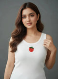 White Cotton Beaded Strawberry Sleeveless Ribbed Summer Tank Top For Women