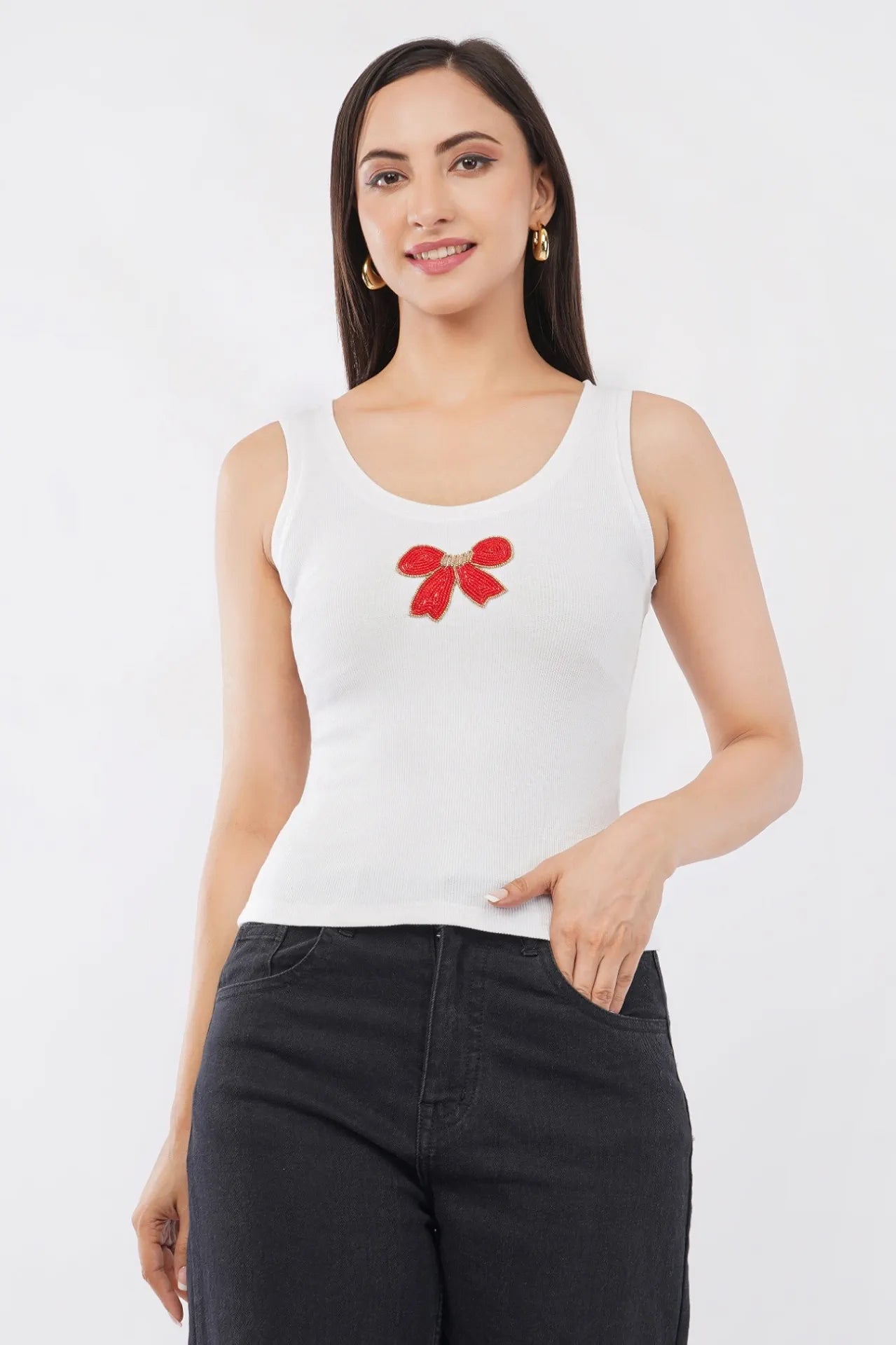 Bead & Bloom Handcrafted Red Bow Motif Ribbed Tank Top For Women | Cute Beaded Bow Sleeveless Fitted Top