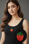 Black Cotton Beaded Strawberry Sleeveless Ribbed Summer Tank Top For Women