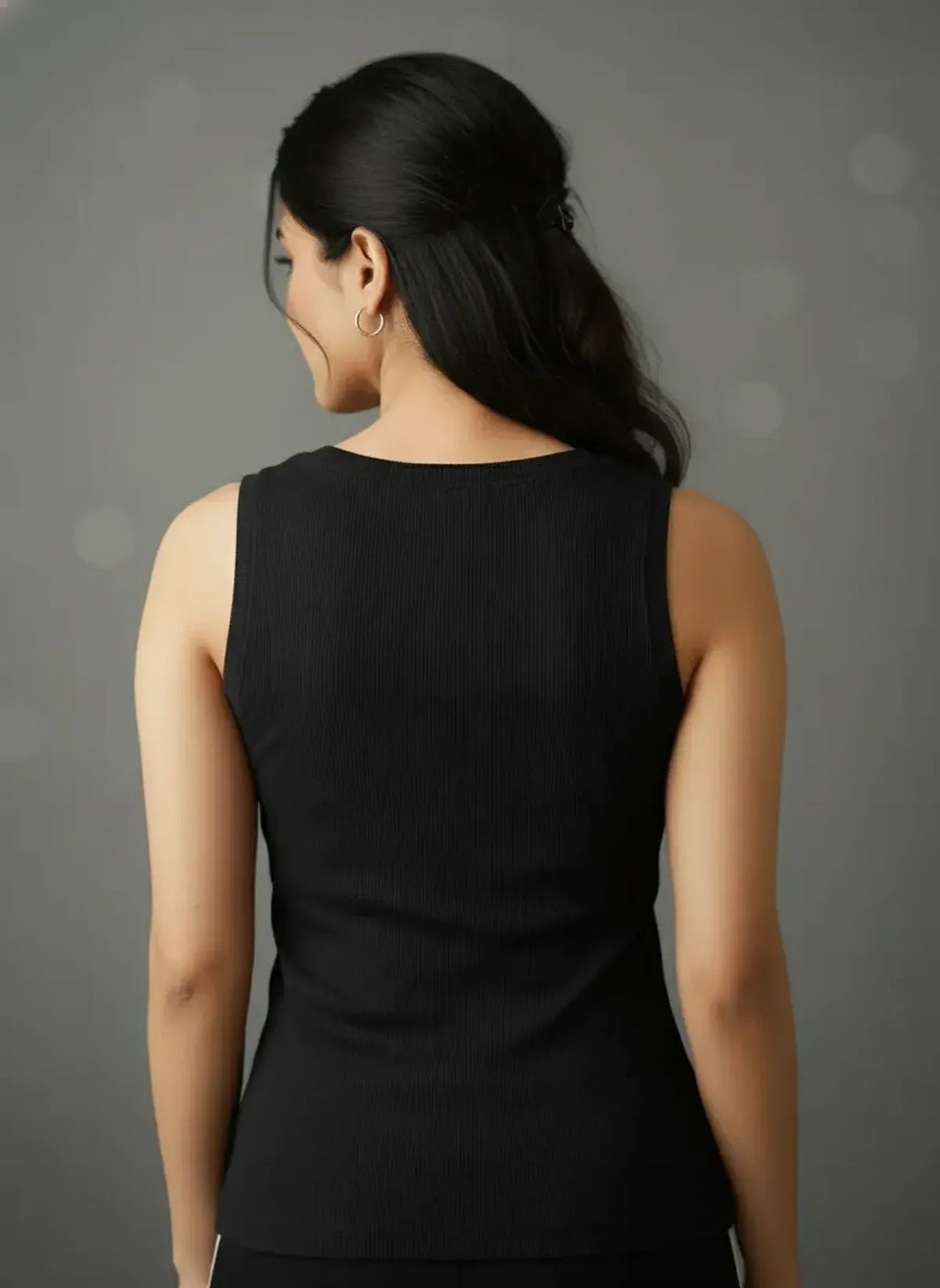 Black Ribbed Cotton Tank Top With Embroidered Fox Motif For Women