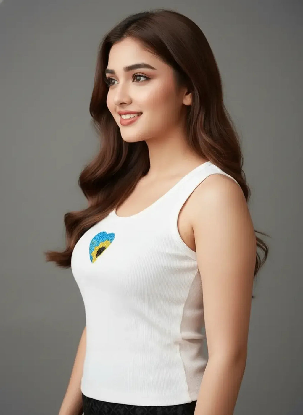 White Cotton The Sunflower Heart Beaded Rib Tank Tops For Women