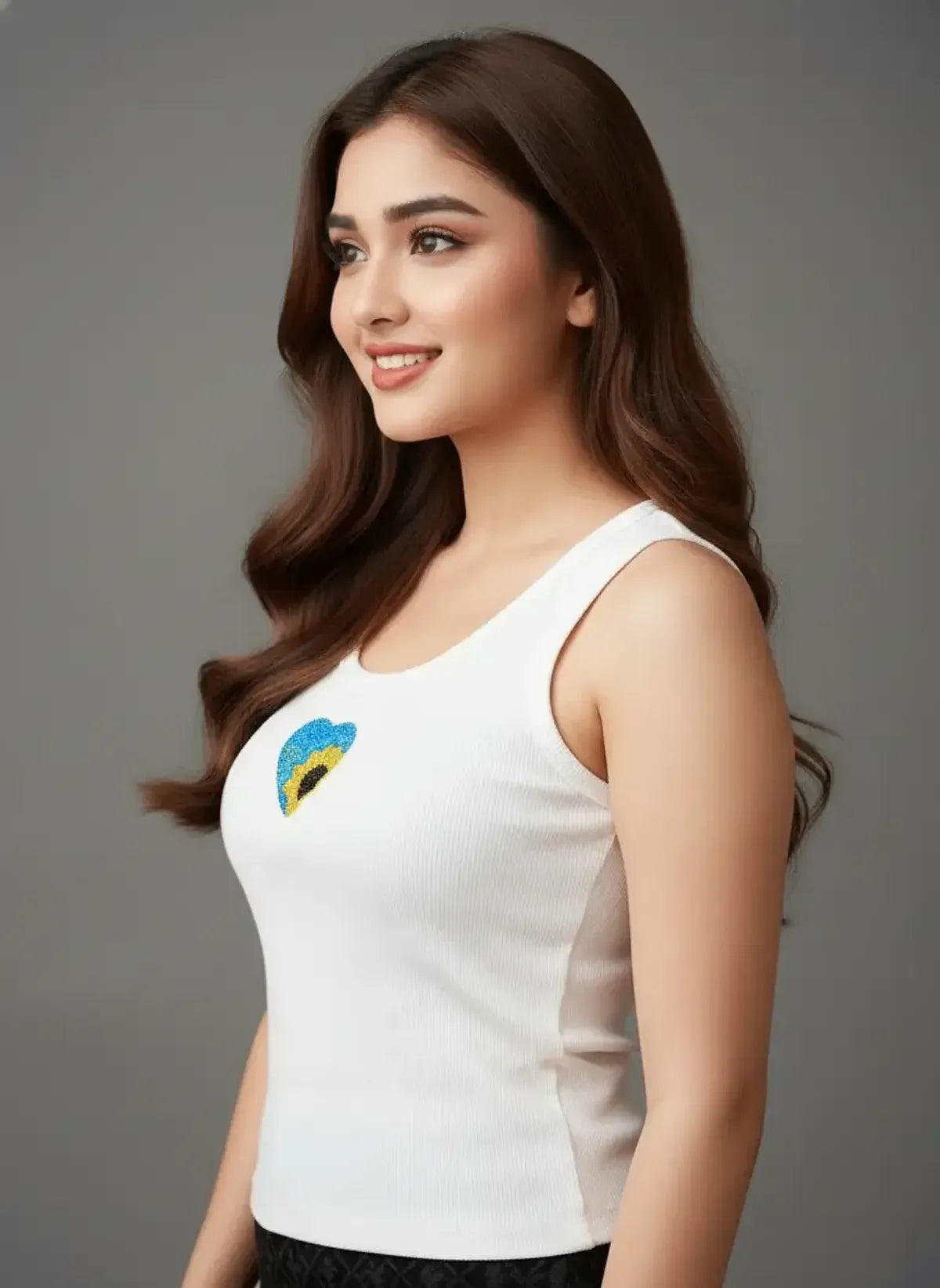 White Cotton The Sunflower Heart Beaded Rib Tank Tops For Women