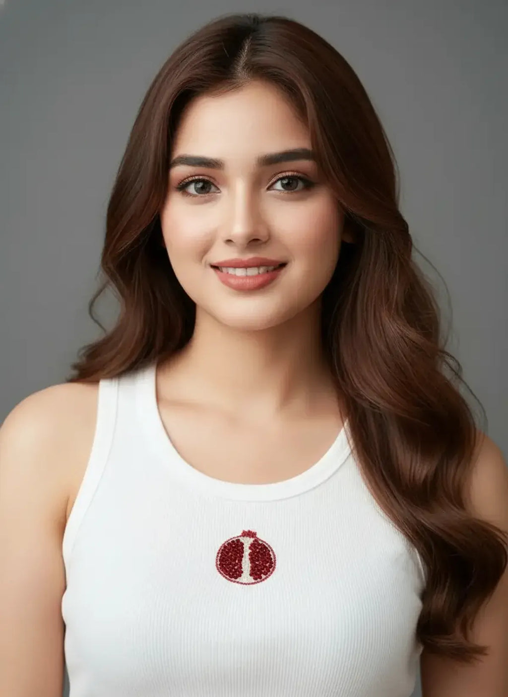 Cotton White Pomegranate Beaded Ribbed Tank Top For Women